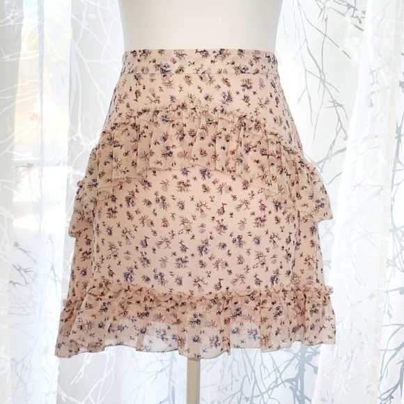 LoveShackFancy Dresses & Skirts - LOVESHACKFANCY PINK BLUE FLORAL PRINT RUFFLE SILK MINI SKIRT